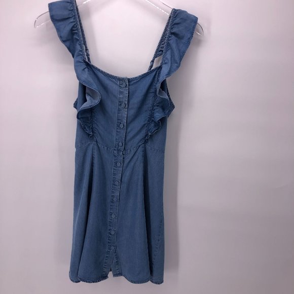 Forever 21 Small Mini Sundress Dress Ruffle Button Front Chambray Blue - Picture 3 of 15